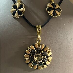 Handmade Gold and Black Floral Pendant Necklace - Women Jewelry